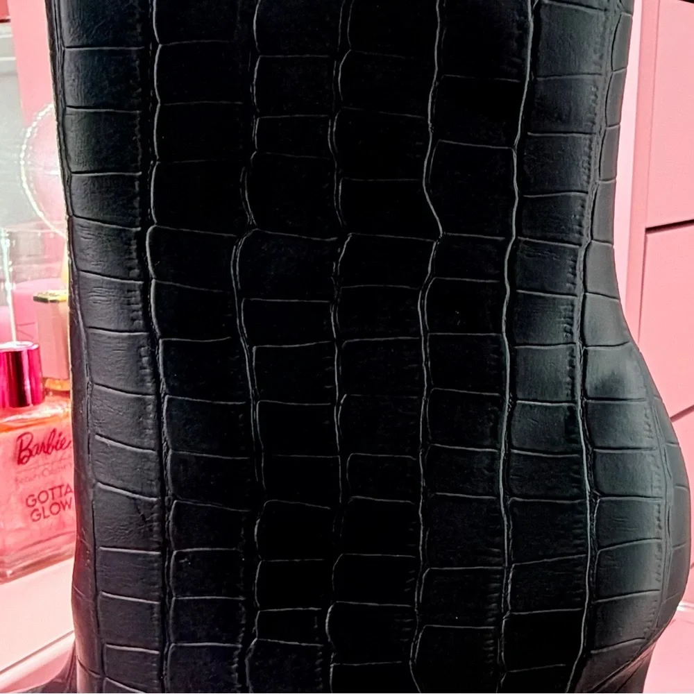 Black Croc-Embossed Stiletto Ankle Boots